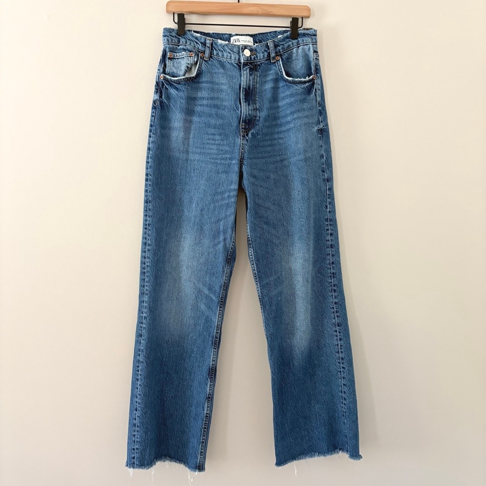 Zara Jeans The 90s Full Length 8 Blue High Waist Raw Hem Straight Leg